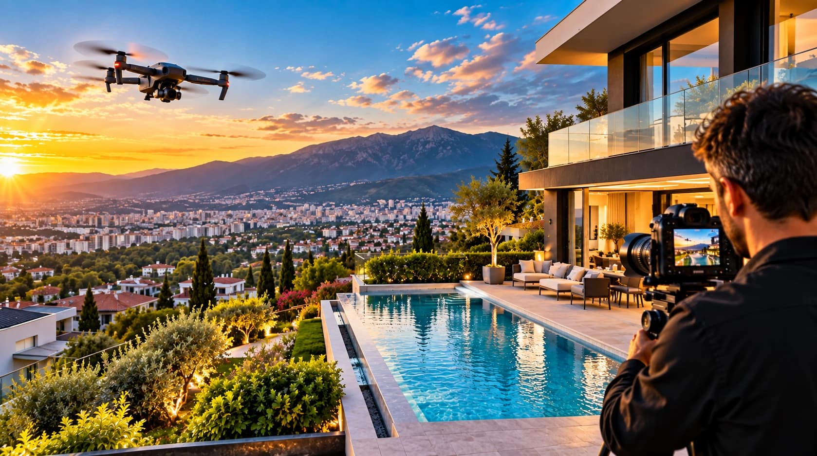Gün batımında havuzlu modern bir villanın drone ve profesyonel kamerayla çekimi