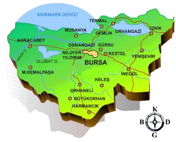 Bursa'nın 17 ilçesini gösteren illüstratif il haritası